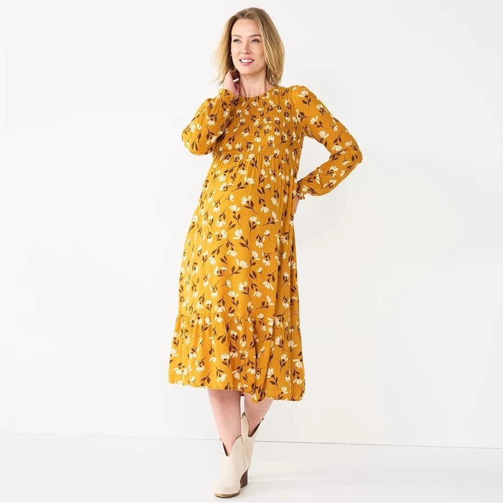 Sonoma Maternity Long-Sleeve Floral Midi Dress Spring Baby Shower Wedding Party